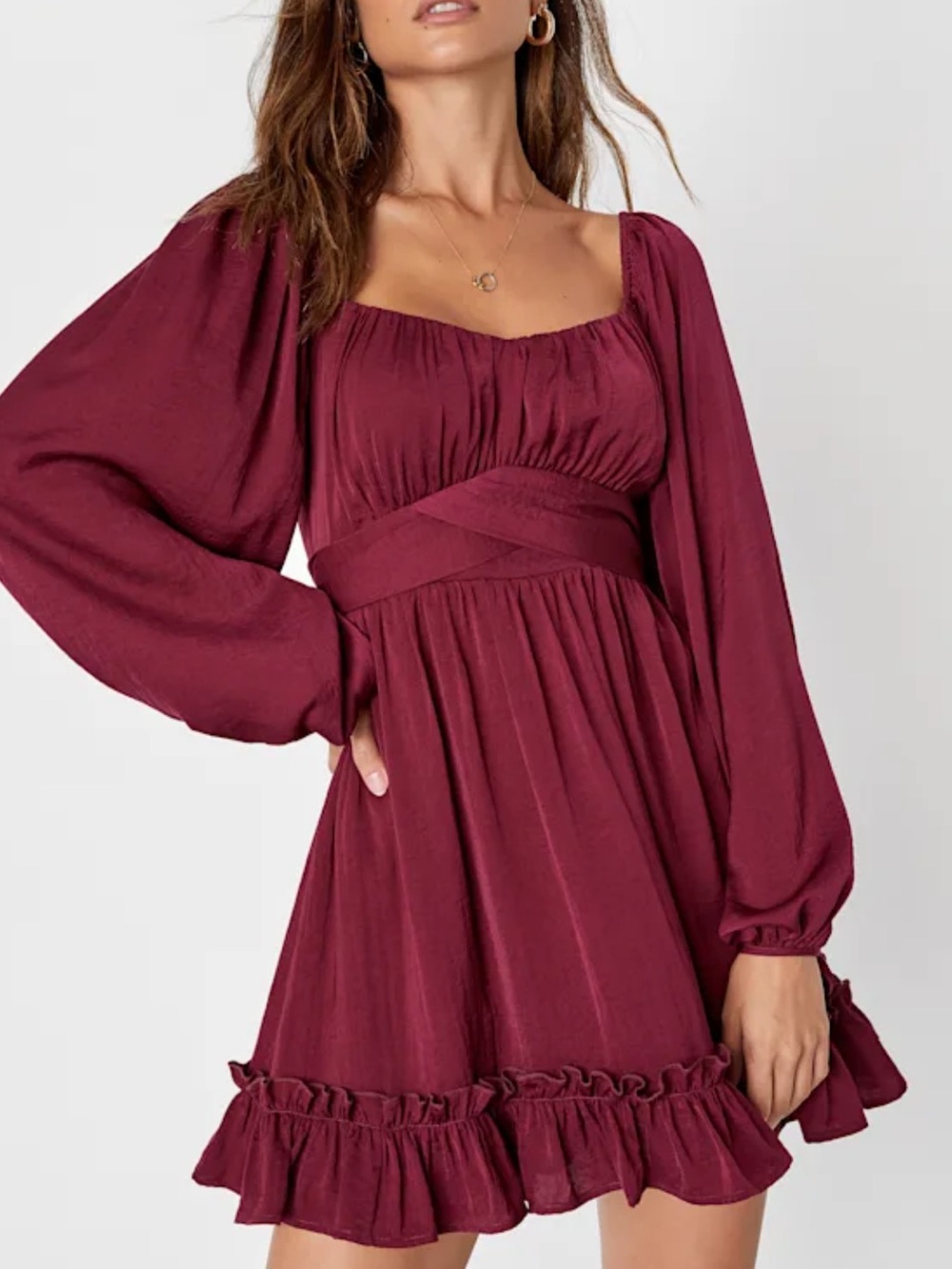 Lulus Vision of Charm Plum Purple Satin Long Sleeve Skater Mini Dress